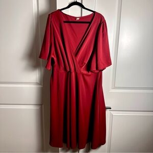 4X Plus Raspberry Red Flutter Sleeve Faux Wrap Above Knee Dress - Romantic, Date